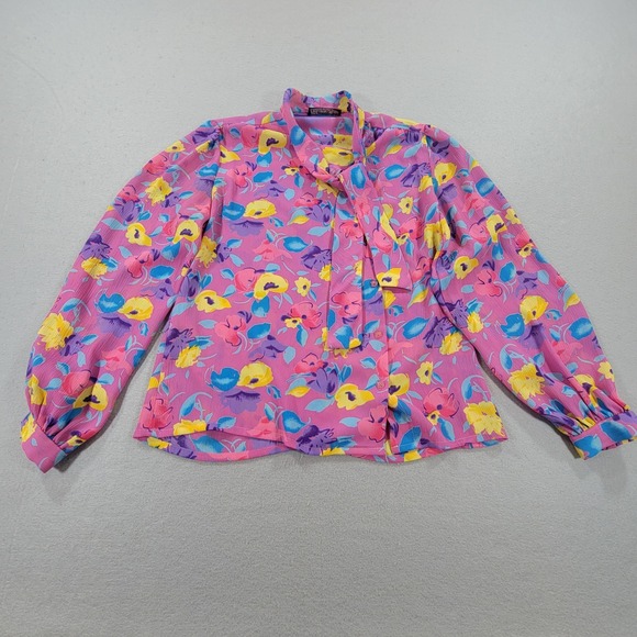 Vintage Puccini Tie Neck Floral Blouse Pink Floral Long Sleeve Retro Women's M - Picture 4 of 9